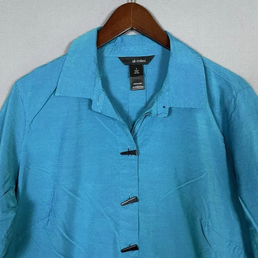 Ali Miles Button Up Shirt Tunic Top Womens Size Large L 3/4 Sleeve Blue Artsy - Picture 4 of 16